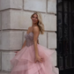 Pink A Line Strapless Shiny Beaded Ruffle Tulle Long Prom Dress Evening Dress SH8822
