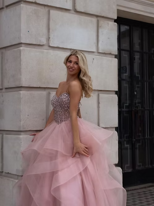 Pink A Line Strapless Shiny Beaded Ruffle Tulle Long Prom Dress Evening Dress SH8822