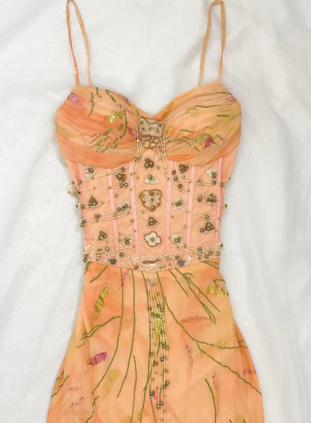 Retro Orange Print Floral A Line Spaghetti Straps Chiffon Long Prom Dress Cocktail Dress SH3547
