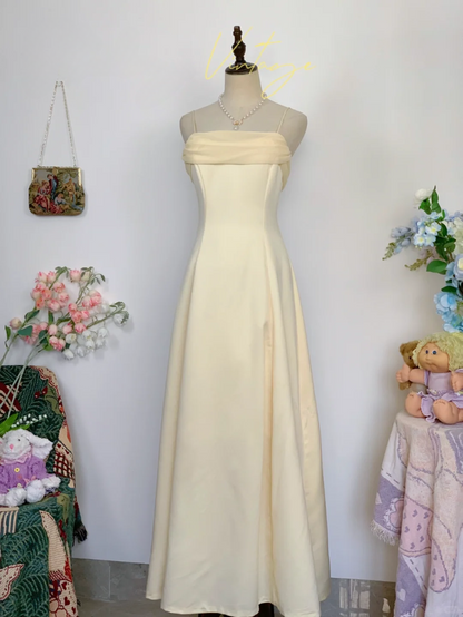 Vintage Yellow Simple A Line Spaghetti Strap Chiffon Satin Prom Dress Outfits SH4952