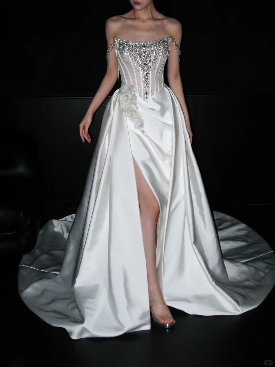 Shiny A Line Straps Rhinestone White Satin Long Wedding Dress with Slit SH8884
