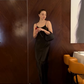 Simple Black A Line Spaghetti Strap Satin Open Back Prom Dress Wedding Guest Dress SH4449