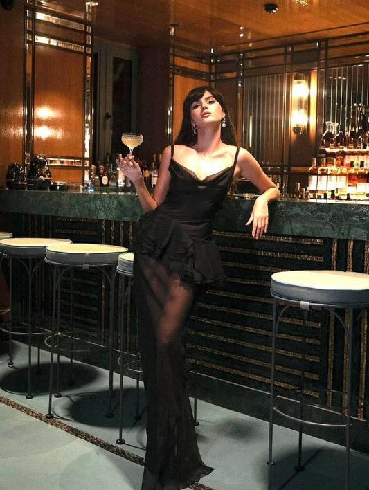 Sexy Sheath Spaghetti Strap Black Chiffon Long Prom Dress Evening Dress SH2159