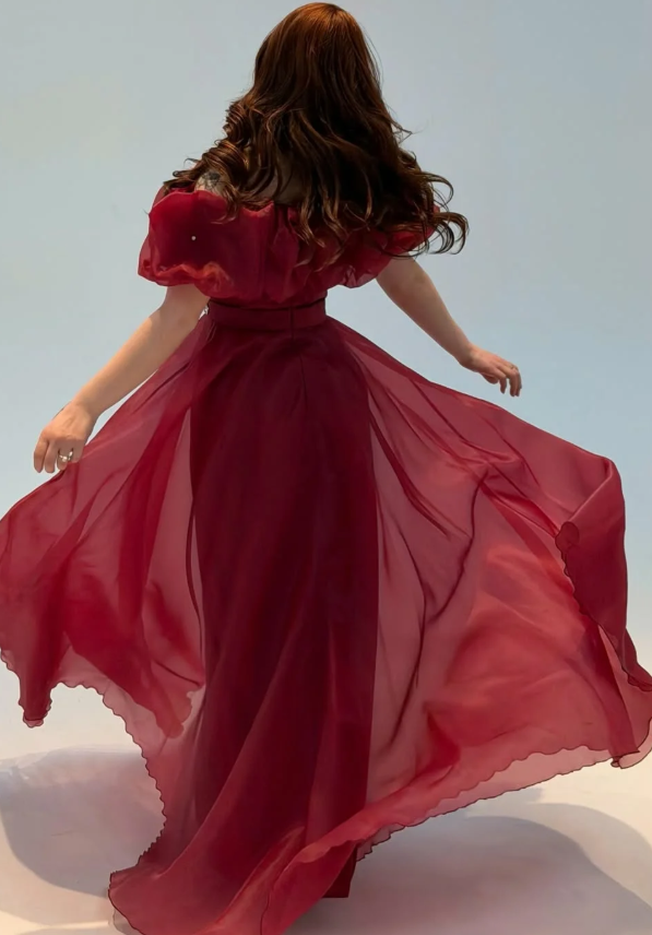 Burgundy A Line Off the Shoulder Beaded Organza Prom Dress Wedding Guest Dress SH6015