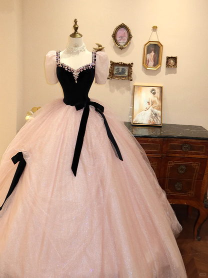 Princess Pink Ball Gown Puff Sleeve Beaded Tulle Long Prom Dress Evening Dress SH7383