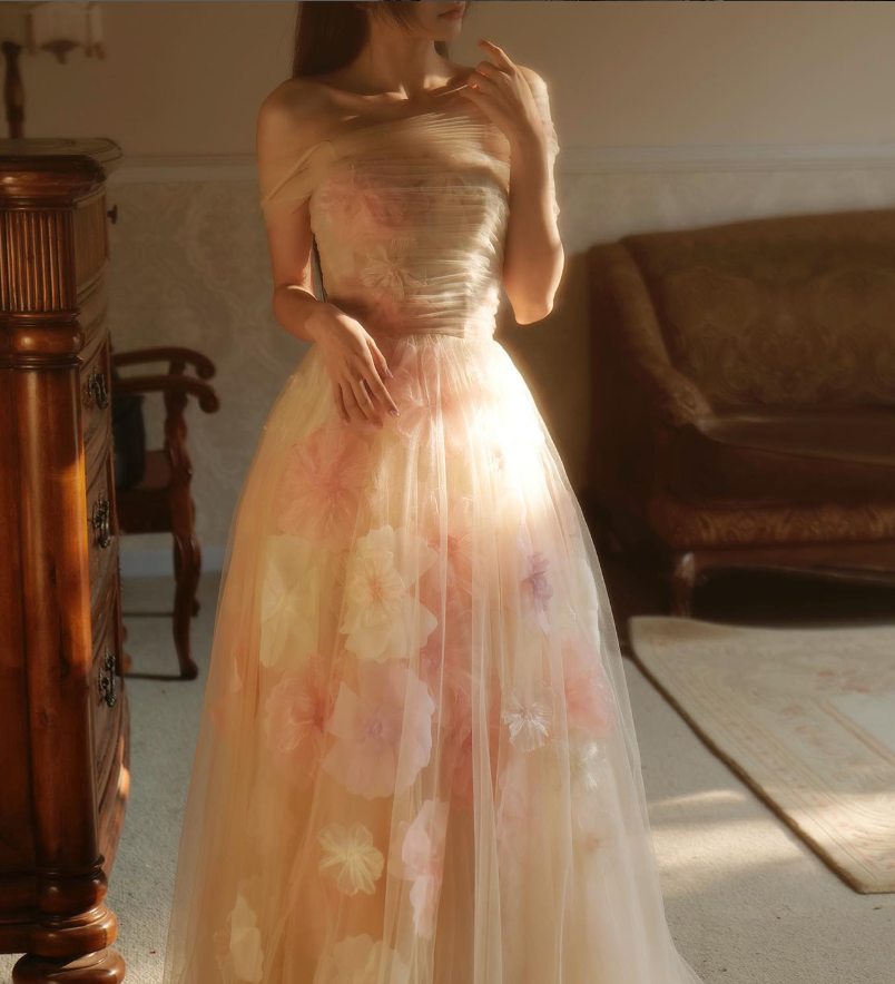 Dreamy A Line Off the Shoulder 3D Flower Tulle Prom Dress Evening Dress SH2379