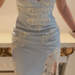 Vintage Sheath Spaghetti Strap Lace Baby Blue Satin Party Dress Evening Dress with Slit SH3346