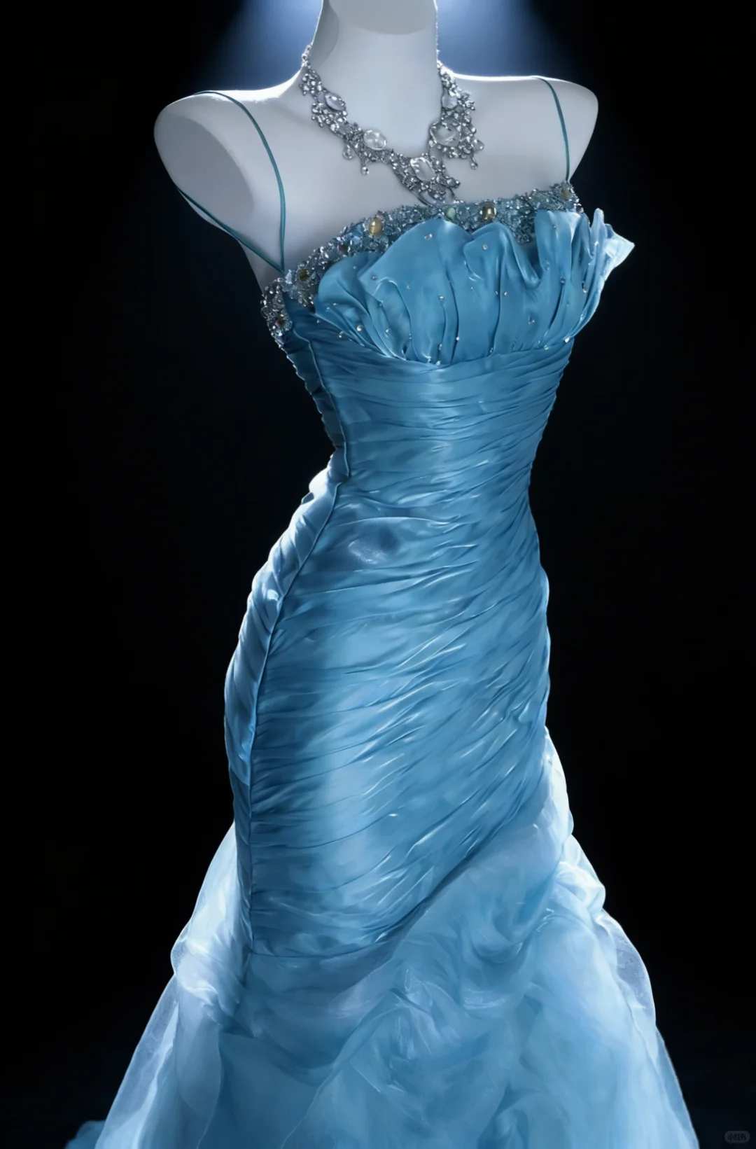 Dreamy Blue Vintage Mermaid Straps Beaded Pleated Organza Long Graduation Prom Dress SH5276
