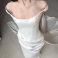 High-class Sheath Strap White Satin Long Train Wedding Dress SH7721