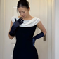 Retro Sheath Backless White Chiffon Black Satin Long Prom Dress Evening Dress SH6046