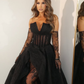 Sexy Black A Line Strapless Corset Organza Long Prom Dress Evening Dress with Slit SH6543