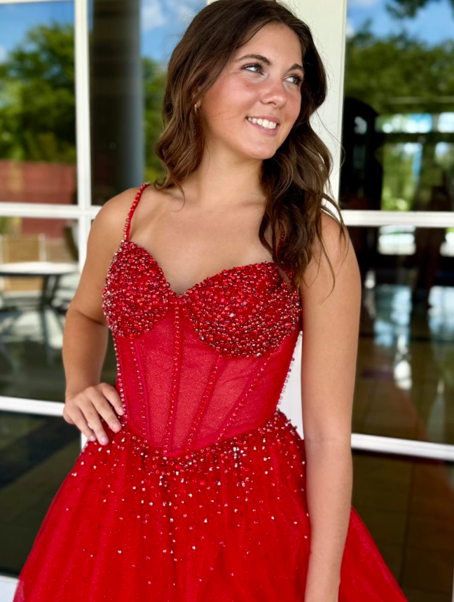 Charming Red Ball Gown Spaghetti Strap Beaded Corset Tulle Long Prom Dress Evening Dress SH6586