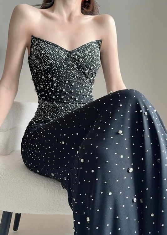 Sexy Mermaid Strapless Exquisite Beaded Black Satin Long Prom Dress Graduation Prom Dress SH5268