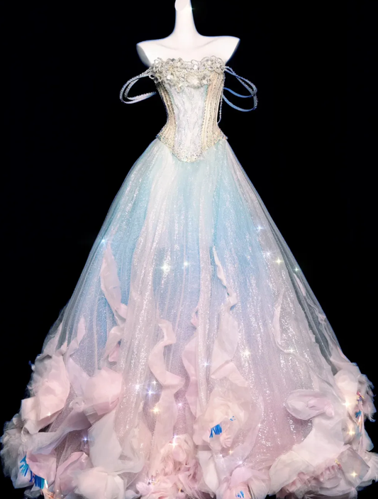 Dreamy A Line Straps Ruffle Sequin Pink Blue Tulle Long Prom Dress SH3245