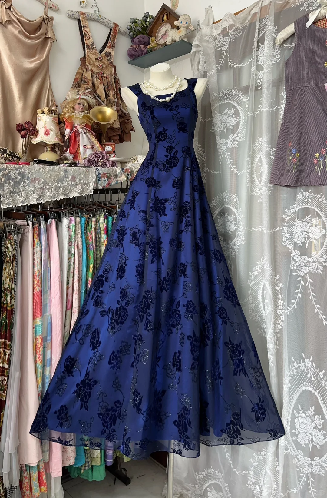 Blue Vintage A Line Straps Print Rose Tulle Satin Long Prom Dress SH5251