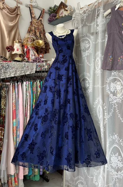 Blue Vintage A Line Straps Print Rose Tulle Satin Long Prom Dress SH5251
