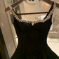 Black A Line Strap Rhinestone Satin Short Prom Dress Homecoming Dress SH7179