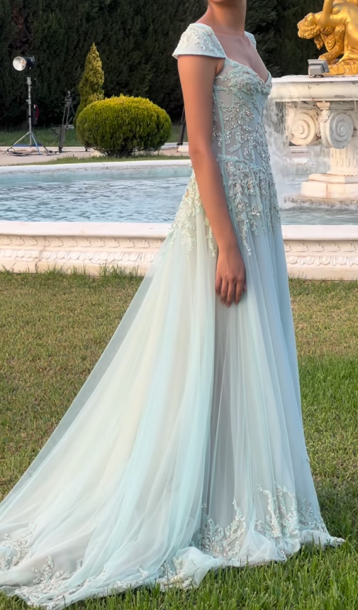 Baby Blue A Line Exquisite Beaded Tulle Prom Dress Wedding Guest Dress SH4723