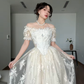 Vintage Ivory A Line Off the Shoulder Lace Satin Tulle Prom Dress Wedding Dress SH4471