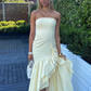 Mermaid Strapless Ruffle Light Yellow Satin Long Prom Dress Evening Dress SH1780