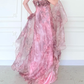 Pink Print Floral A Line Straps Chiffon Long Prom Dress Evening Dress SH5841