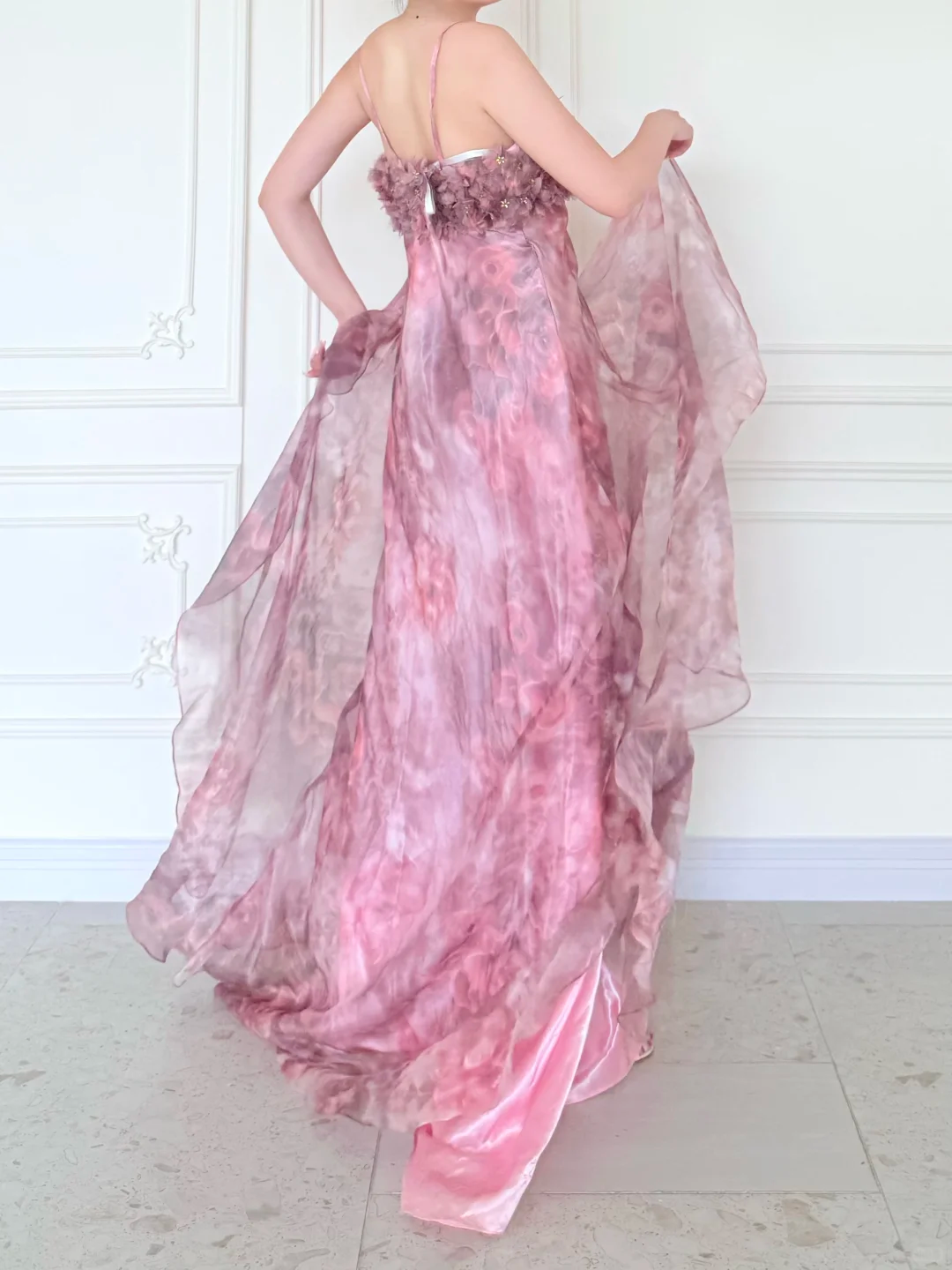 Pink Print Floral A Line Straps Chiffon Long Prom Dress Evening Dress SH5841