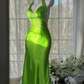 Simple Vintage Mermaid Halter Beaded Green Satin Open Back Long Prom Dress SH5124