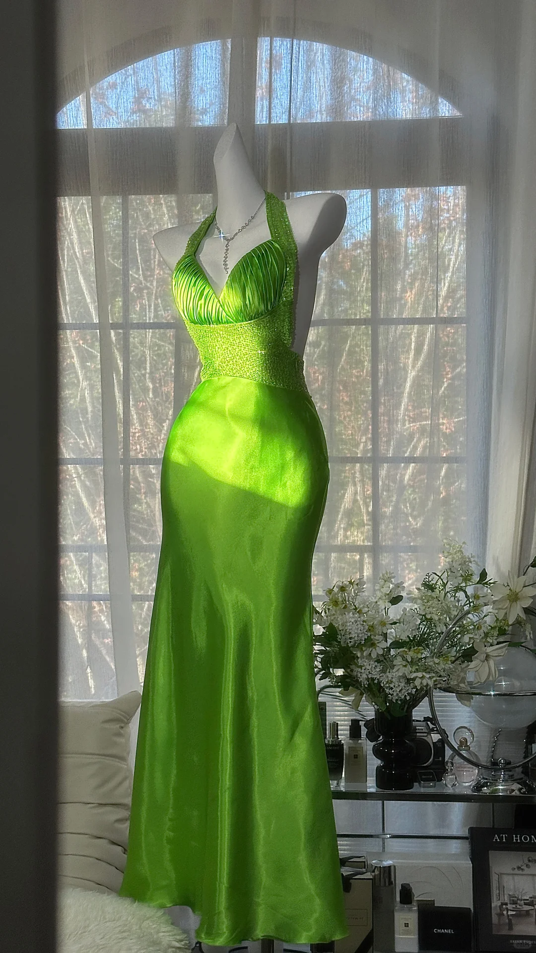 Simple Vintage Mermaid Halter Beaded Green Satin Open Back Long Prom Dress SH5124