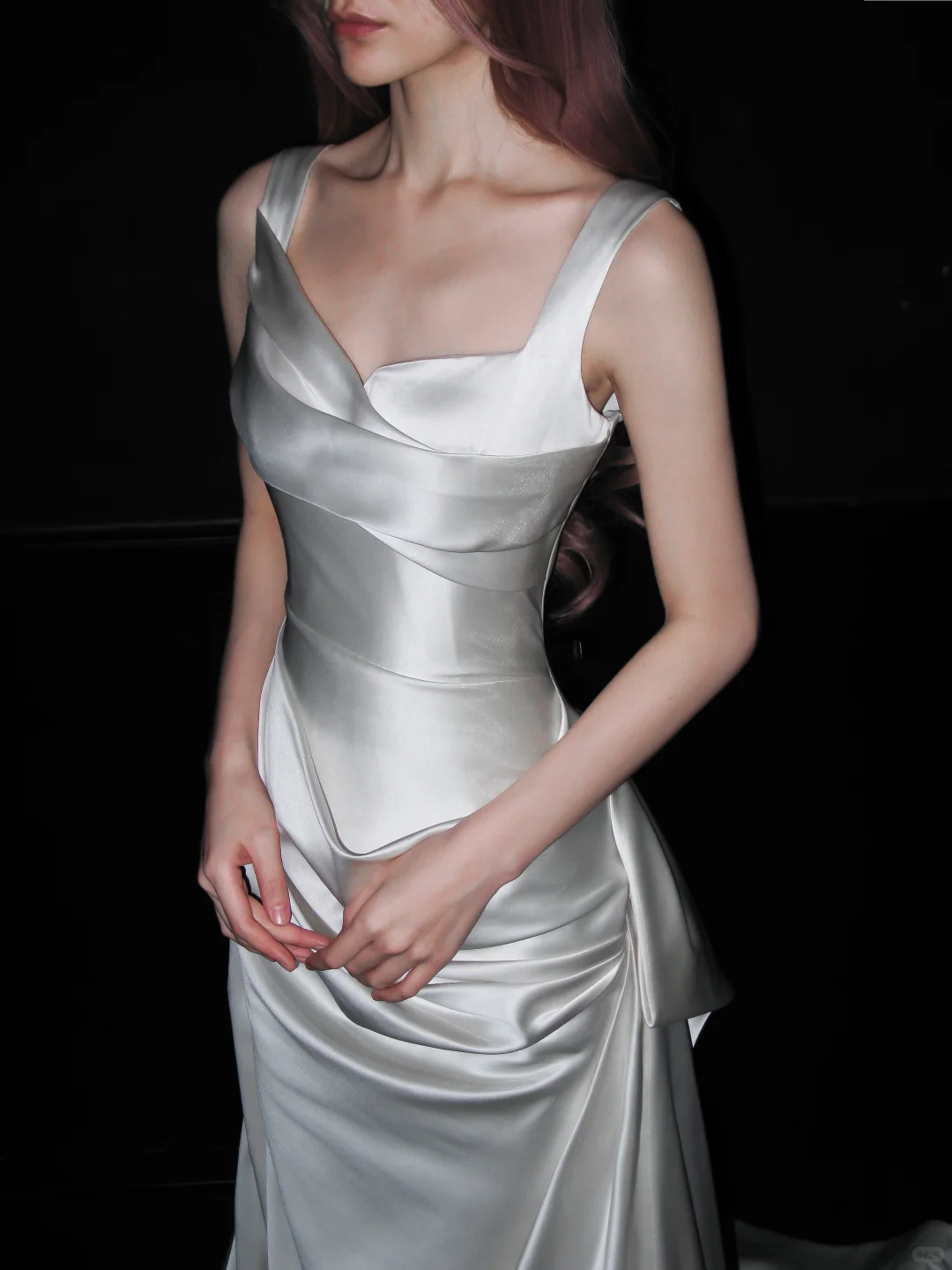 Classy White A Line Straps Satin Simple Pleated Long Wedding Dress SH4713