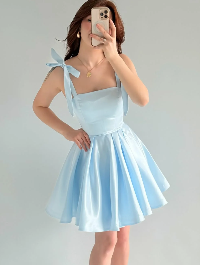 Baby Blue A Line Bow Straps Satin Short Prom Dress Homecoming Dress SH6009