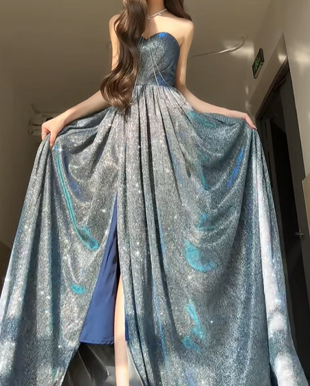 Shiny Blue A Line Sweetheart Neck Sequin Graduation Ball Gown 18th Birthday Dress with Slit SH4989