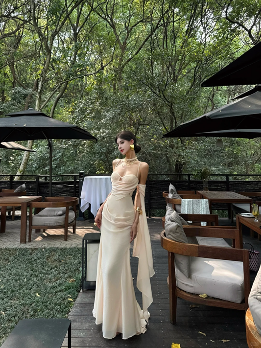 Apricot Mermaid Spaghetti Strap Chiffon Prom Dress Evening Dress Date Dress SH4907