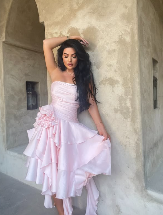 Pink A Line Strapless Floral Ruffle Layered Satin Short Homecoming Dress Outfits SH4268