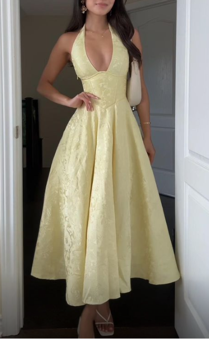 Deep V Neck Yellow Halter A Line Prom Dress SH1551