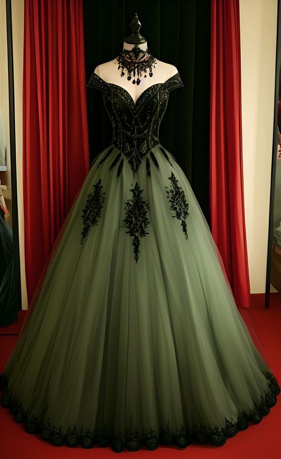 Green A-line Tulle Prom Dress Off The Shoulder Formal Evening Gown SH1399