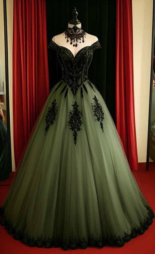 Green A-line Tulle Prom Dress Off The Shoulder Formal Evening Gown SH1399