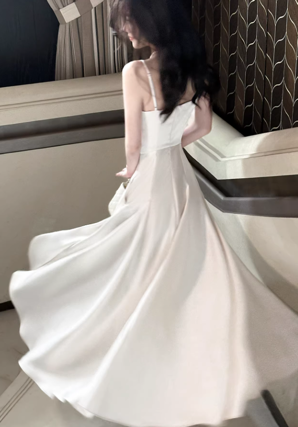 Light Pink Simple A Line Spaghetti Strap Satin Long Prom Dress Evening Dress SH3817