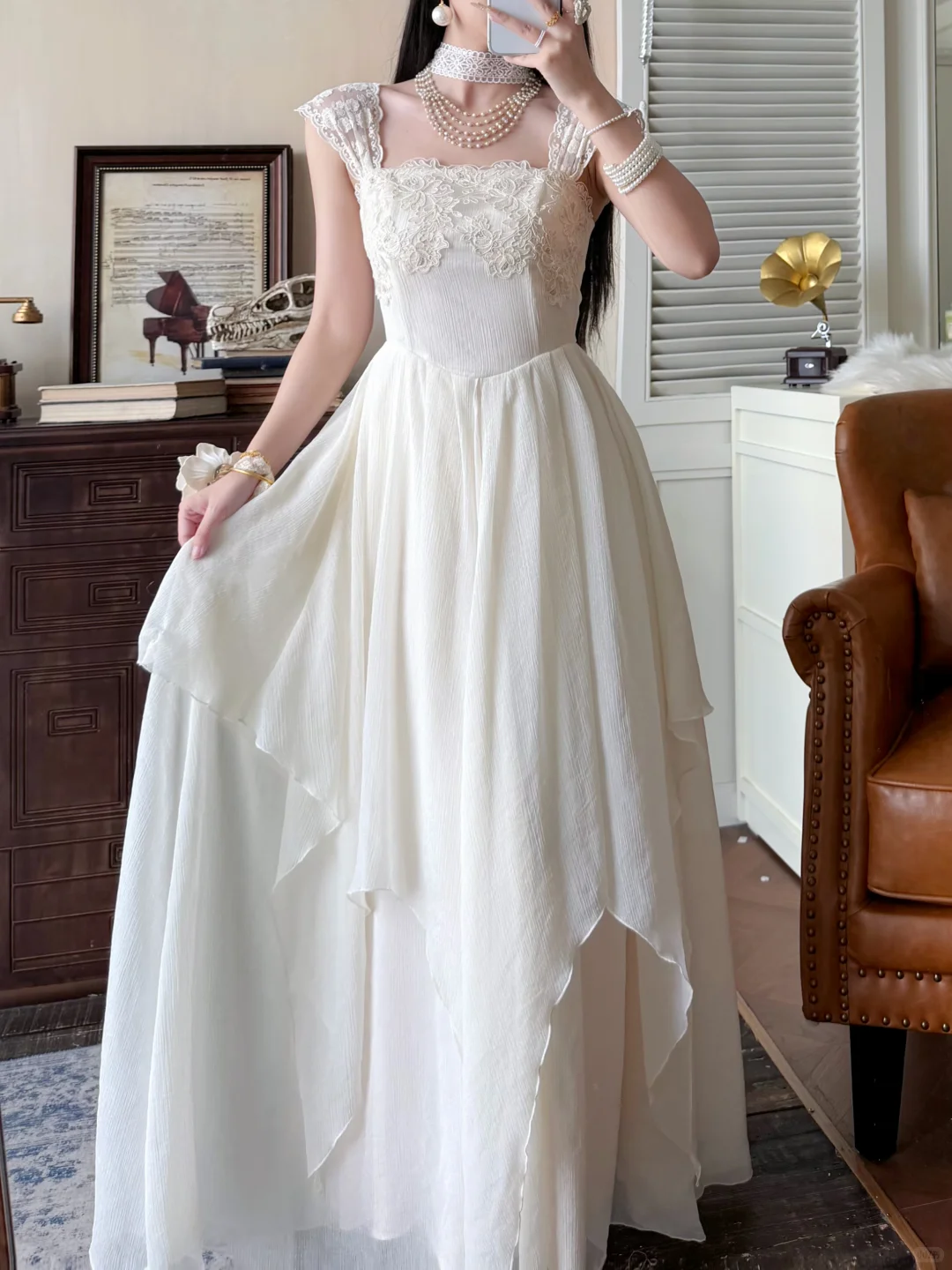 Gentle White A Line Straps Lace Chiffon Prom Dress Evening Dress SH6767