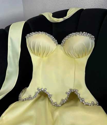 Yellow Mermaid Sweetheart Neck Beaded Satin Long Prom Dress Evening Dress SH7311