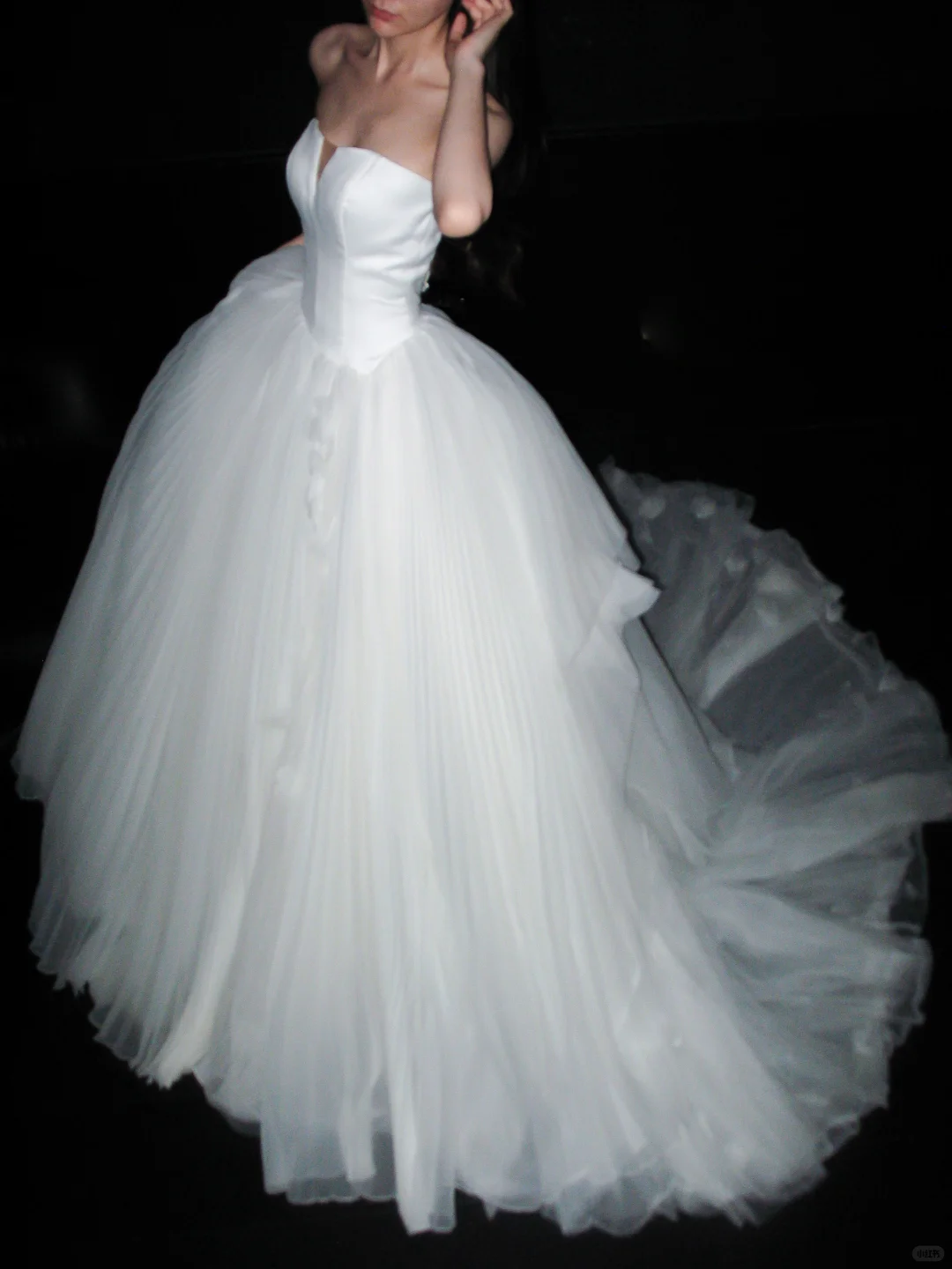 Pretty Romantic Ball Gown Strapless White Satin Tulle Long Train Wedding Dress SH6619