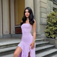 Lavender Chiffon Strapless Prom Dress With Side Slit SH941
