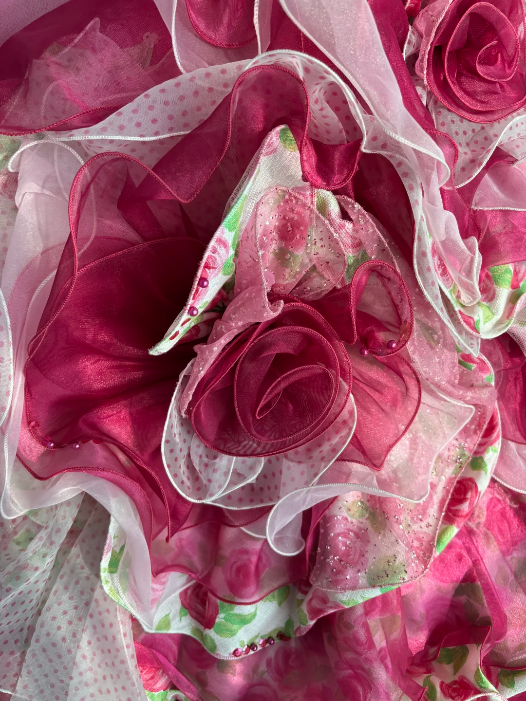 Vintage Pink Print Floral Ball Gown Ruffle Layered Organza Prom Dress Sweet 16 Dress SH5985