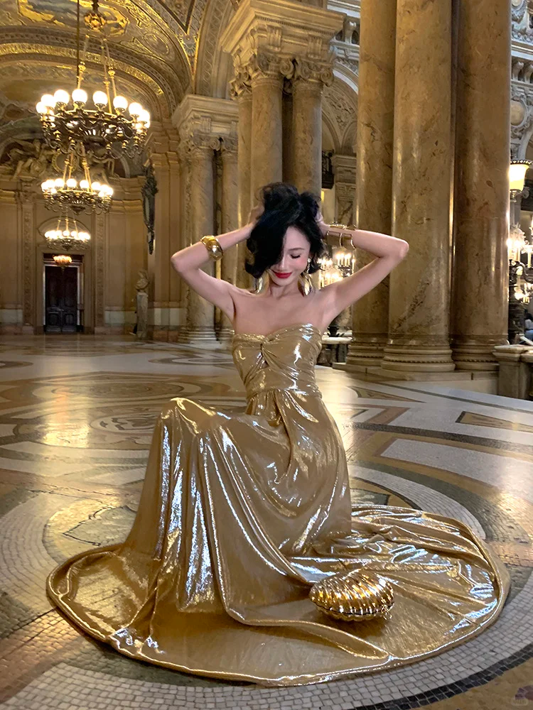 Shiny Golden A Line Sweetheart Neck Satin Long Prom Dress Evening Dress SH4333