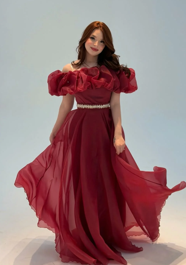 Burgundy A Line Off the Shoulder Beaded Organza Prom Dress Wedding Guest Dress SH6015