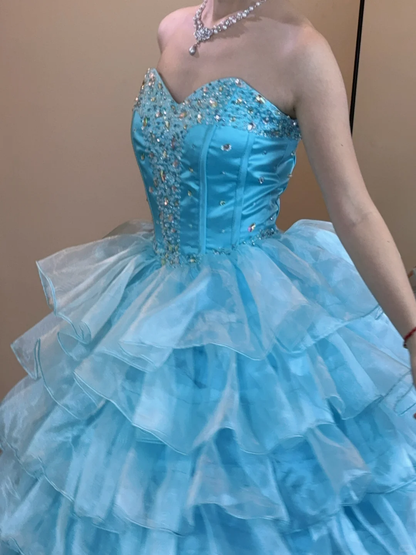Blue Vintage Ball Gown Strapless Beaded Layered Organza Satin Long Prom Dress 16th Birthday Dress SH5213
