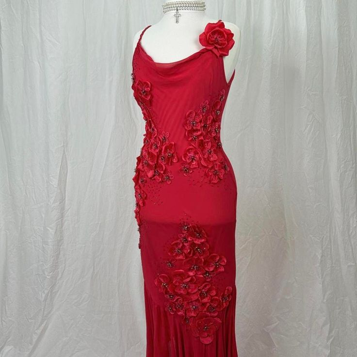 Spaghetti Straps Red Chiffon Applique Mermaid Prom Dress Evening Gown SH1290