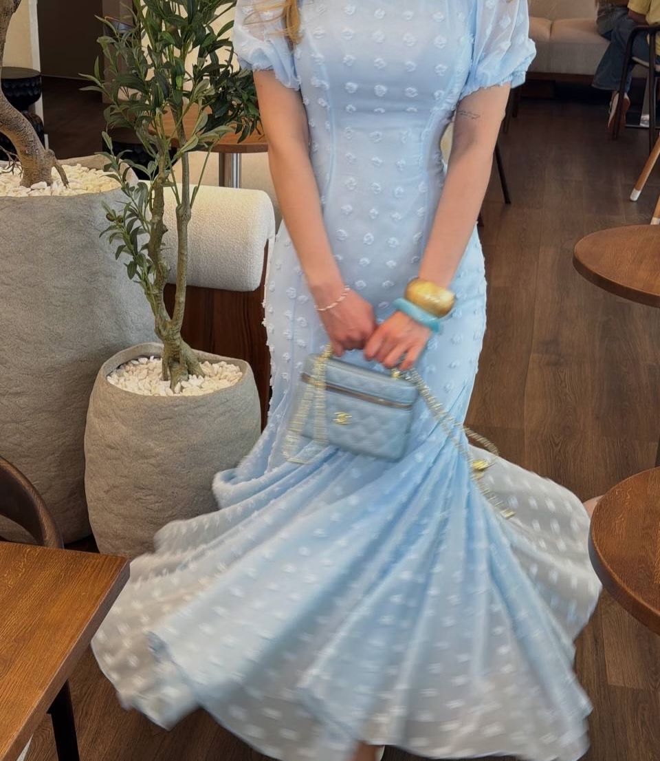 Pretty Mermaid Puff Sleeve Light Blue Chiffon Prom Dress Evening Dress SH8561