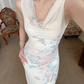 Gentle Mermaid Print Flower Ivory Chiffon Long Prom Dress Evening Dress SH6049