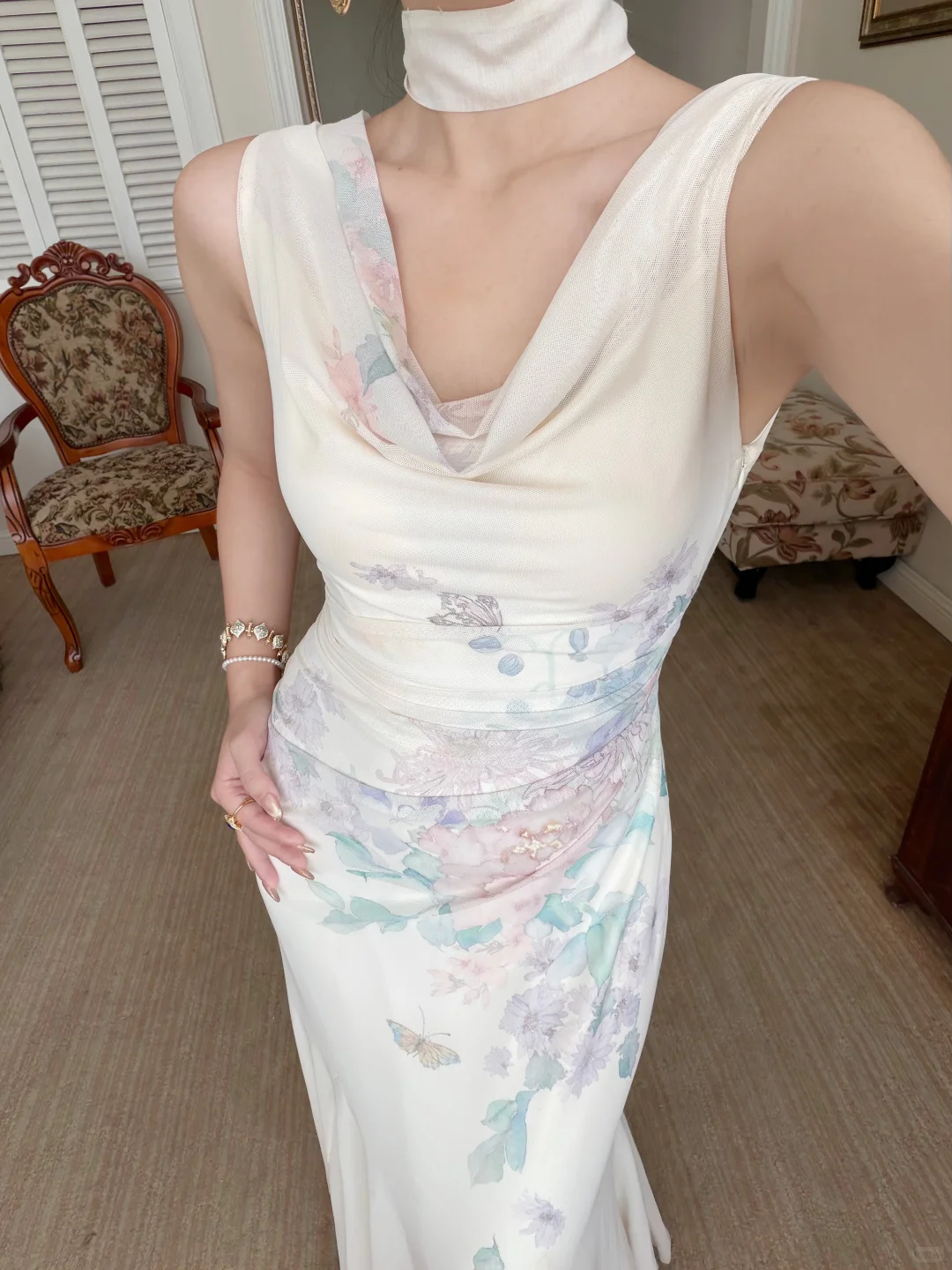 Gentle Mermaid Print Flower Ivory Chiffon Long Prom Dress Evening Dress SH6049
