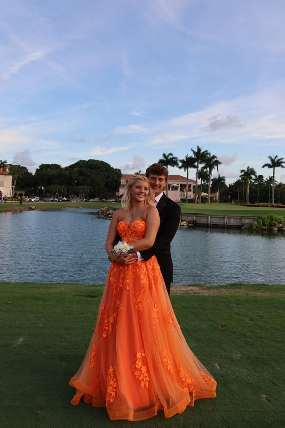 Strapless Tulle Appliques Long Evening Dress Orange Prom Dress SH965
